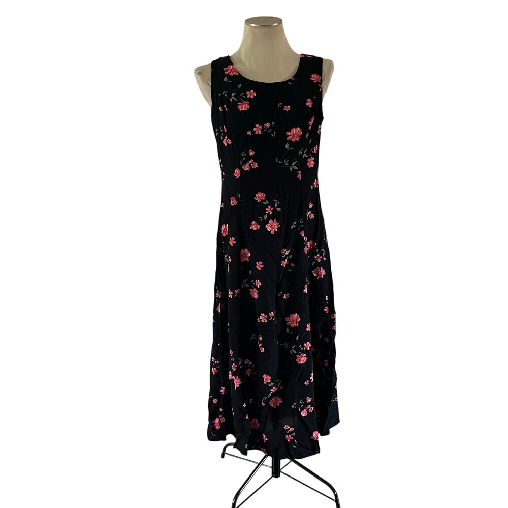 Vtg Y2K 2000s Pink Flower Black Maxi Dress Sz 10 Cottagecore Whimsical Fairy